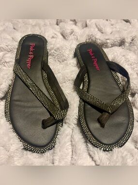 Pink & Pepper Black Rhinestone-Trim Flip Flop Sandals